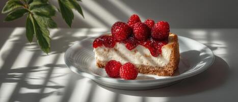 Delicious raspberry cheesecake with sunlight shadows kitchen food photography bright atmosphere photo