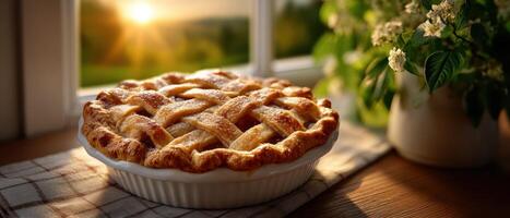 Golden sunlight illuminates delicious apple pie with cinnamon at home kitchen photo