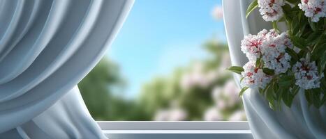 Gentle breeze through open window white curtains flowing serene nature view tranquil environment photo