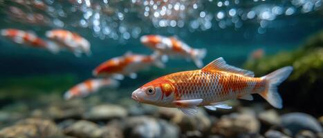 Koi fish gliding under sunlit water natural pond wildlife photography serene environment underwater view photo