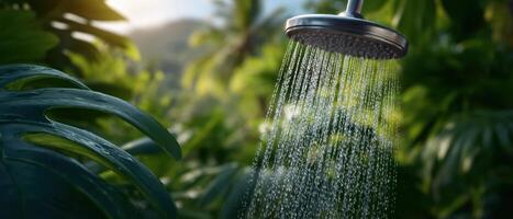Refreshing open-air shower experience in tropical garden with sunlight filtering through leaves photo