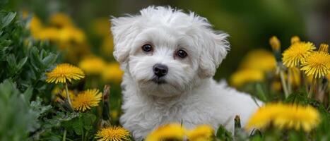 Playful bichon frise puppy surrounded by dandelions in a warm garden setting photo