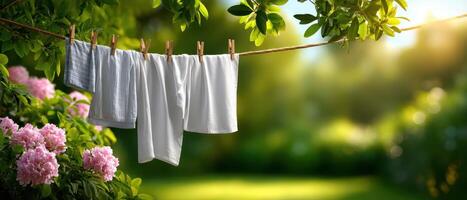 Fresh laundry hanging in garden under morning sunlight relaxing nature scene peaceful environment photo