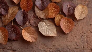 Intricate pattern of dried leaves on ground outdoor nature scene textured close-up photo