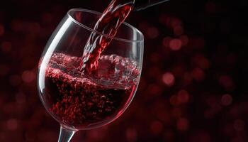 Elegant red wine pouring into glass with splashes and bubbles dining room close-up photography photo