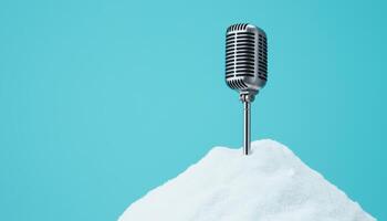 Classic microphone on snowy mountain peak artistic photography winter wonderland unique view photo