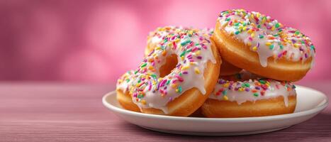 Delicious stack of glazed donuts on a clean plate in bright sunlight photo