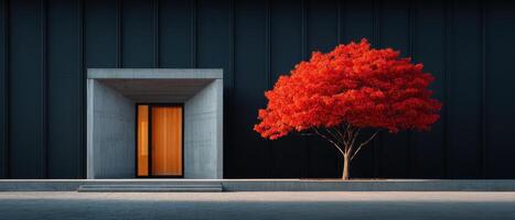 Vibrant red maple tree in front of modern black metal facade urban landscape contemporary view photo