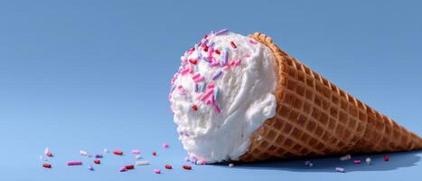 Ice cream cone melting under bright sun on standard pastel background food photography photo