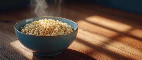 Steaming bowl of ramen noodles cozy morning kitchen food photography warm atmosphere photo