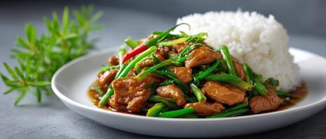Delicious chicken teriyaki with rice on white plate bright kitchen food photography culinary art photo