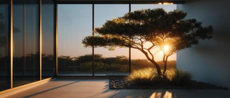 Indoor tree near glass partition bathed in golden sunlight modern interior serene environment photo