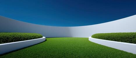 Serene grass meadow meeting curved white wall modern landscape bright open space photo