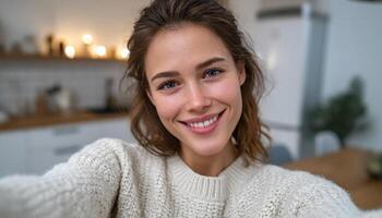 Woman smiling while taking selfie in cozy kitchen warm atmosphere lifestyle photography photo