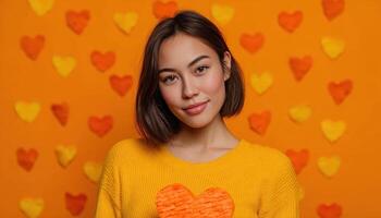 Young woman with heart-shaped pinata in vibrant setting celebrating love and joy photo