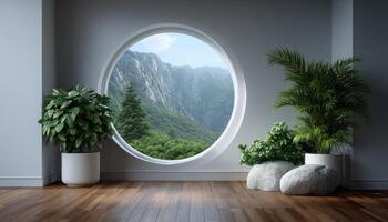 Meditation room with white walls and wood floor featuring scenic mountain view photo