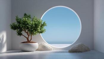 Minimalist meditation space with large round skylight modern design tranquil environment photo