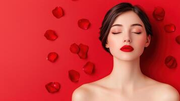 Elegant young woman with red lipstick surrounded by falling rose petals studio setting photo