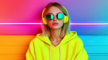 Stylish girl in neon jacket with headphones at n standard urban vibe fashion photo