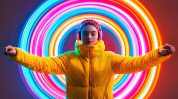 Stylish girl posing with headphones neon background fashion photography urban setting photo