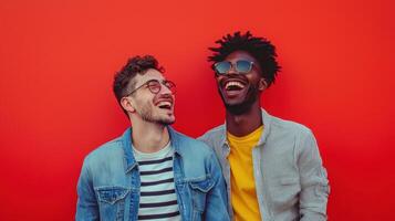 Joyful friends laughing and embracing together in front of a bright orange background photo