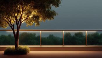 Warm night lights on minimal balcony with glass railing tranquil evening ambience outdoor relaxation photo
