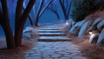 Serene night walkway illuminated by soft lighting forest path nature landscape tranquil view photo