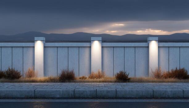 Modern fence with embedded line lighting in urban landscape nighttime viewpoint architectural design photo