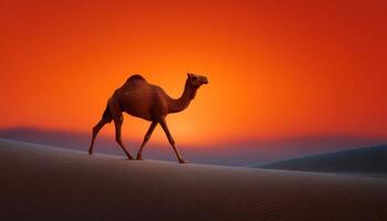 Camel silhouette crossing sand dunes at dusk desert landscape nature photography tranquil view photo