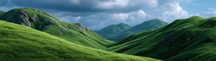 Gentle spring hills with drifting clouds lush green landscape tranquil nature scene photo