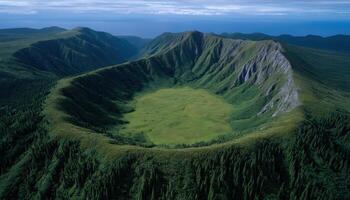 Symmetrical volcanic crater surrounded by moss plains nature landscape aerial view harmony photo