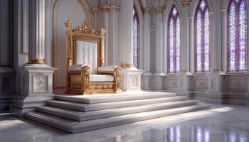 Majestic golden throne in vast marble hall bathed in sunlight photo