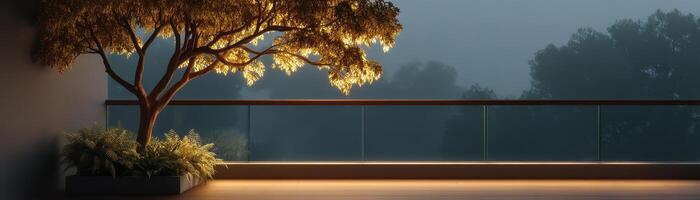 Serene balcony with warm night lights glass railing minimal design cozy atmosphere photo
