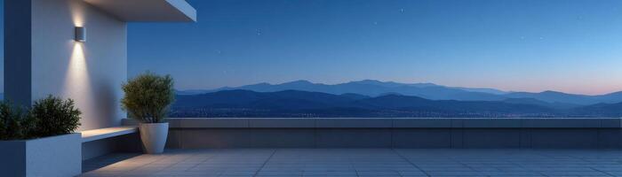 Serene rooftop minimalist terrace with dim light fixtures at dusk scenic mountain view photo
