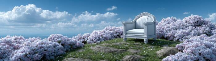 Majestic throne on a grassy hill under floating clouds fantasy landscape serene view photo