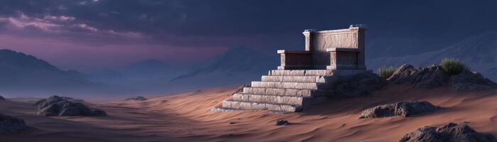 Exploring abandoned throne in desert ruins ancient site surreal landscape dusk view photo