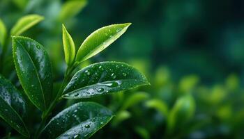 Fresh tea leaves with sparkling water droplets nature macro photography lush environment photo