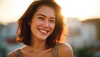 Happy asian woman smiling casually in urban setting at sunset lifestyle portrait photography photo