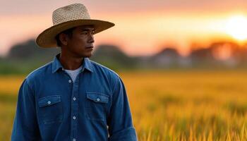 Hardworking farmer walking through golden rice field at sunset rural landscape portrait view nature photo