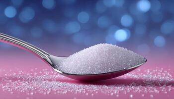 Macro shot of sparkling sugar crystals on spoon colorful background food photography photo