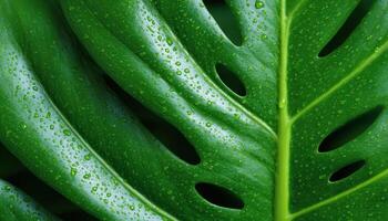 Macro view of tropical monstera leaf texture and holes in a lush environment photo