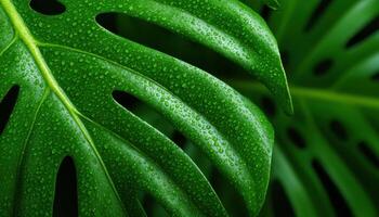 Macro view of tropical monstera leaf with holes and texture in lush rainforest environment photo