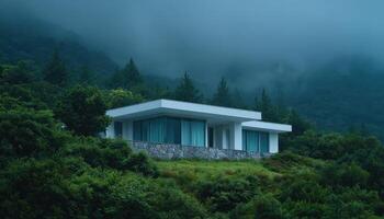 Modern glass facade house surrounded by fog mountain landscape outdoor view tranquil atmosphere photo