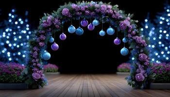 Modern minimalist garden arch with christmas ornaments winter wonderland digital art photo