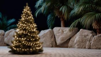 Minimalist christmas tree with lights in tropical setting nighttime photography photo