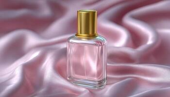 Elegant minimalist perfume bottle on pastel silk fabric soft light still life modern aesthetic photo