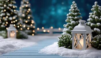 Modern minimalist christmas garden with lanterns and pine trees in winter wonderland photo