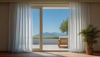 Modern sliding glass door with semi-transparent curtains open patio view serene nature environment photo
