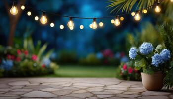 Serene night garden with overhead string lights outdoor modern minimalist cozy atmosphere photo