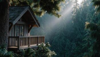 Morning sun illuminates a wooden treehouse in the forest nature photography serene environment photo